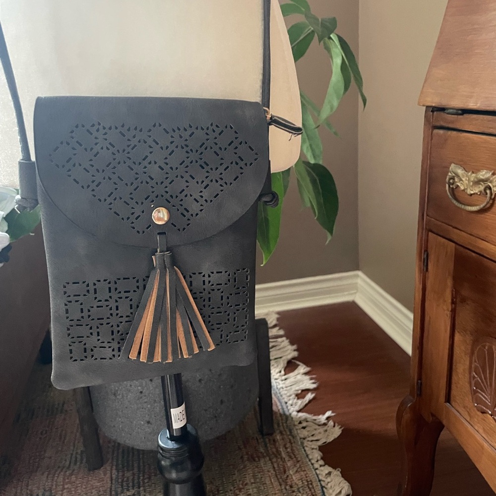 Denim Blue and Brown Crossbody Purse with Tassel